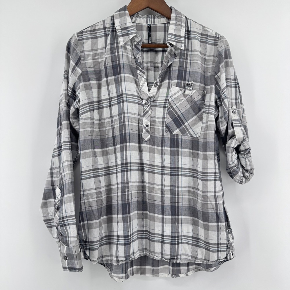 Kuhl Womens M Grey Plaid Tencel Long Sleeve Roll Tab Button Up Hiking Shirt